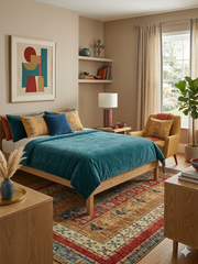 6' x 9' Rectangular Multicolor & Red Striped Tribal Traditional Area Rug styled in a warm modern bedroom.