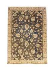 6' x 9' Rectangular Navy & Beige Floral Traditional Washable Area Rug isolated on a white background.
