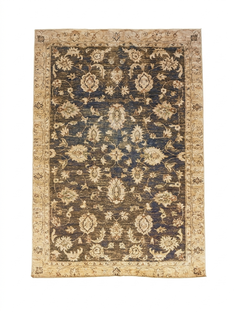 6' x 9' Rectangular Navy & Beige Floral Traditional Washable Area Rug isolated on a white background.