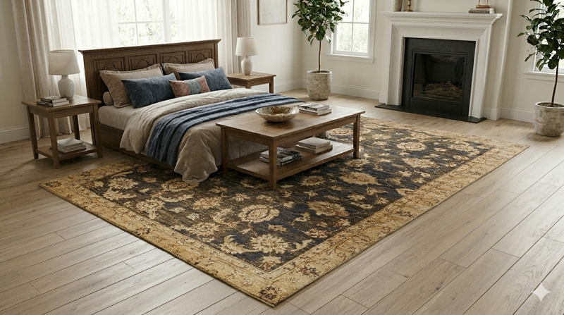 6' x 9' Rectangular Navy & Beige Floral Traditional Washable Area Rug styled in a bedroom with warm wood furniture and layered bedding.