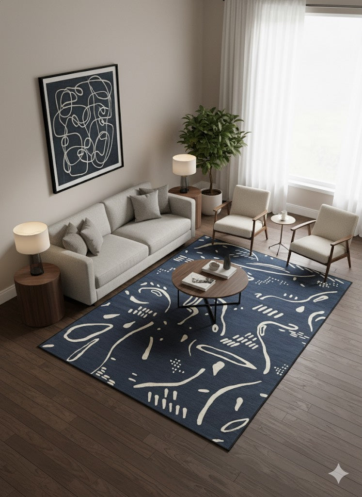 6' x 9' Rectangular Navy Blue & White Abstract Modern Area Rug placed in contemporary living room seating area.