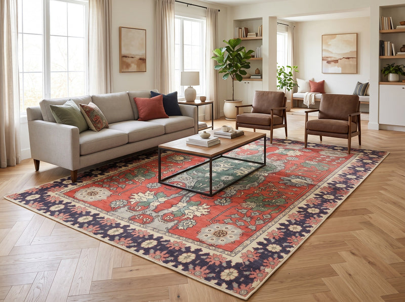 6' x 9' Rectangular Red Green Floral Medallion Traditional Area Rug styled in a living room with a beige sofa, brown leather accent chairs, and a rectangular wooden coffee table.