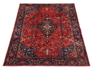 6' x 9' Rectangular Red Navy Floral Medallion Traditional Area Rug featuring an ornate central medallion, intricate floral motifs, and a decorative navy border