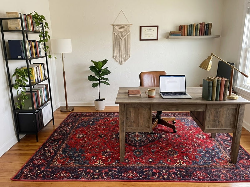 6' x 9' Rectangular Red Navy Floral Medallion Traditional Area Rug styled in a home office with a wooden desk, leather chair, and bookshelf.