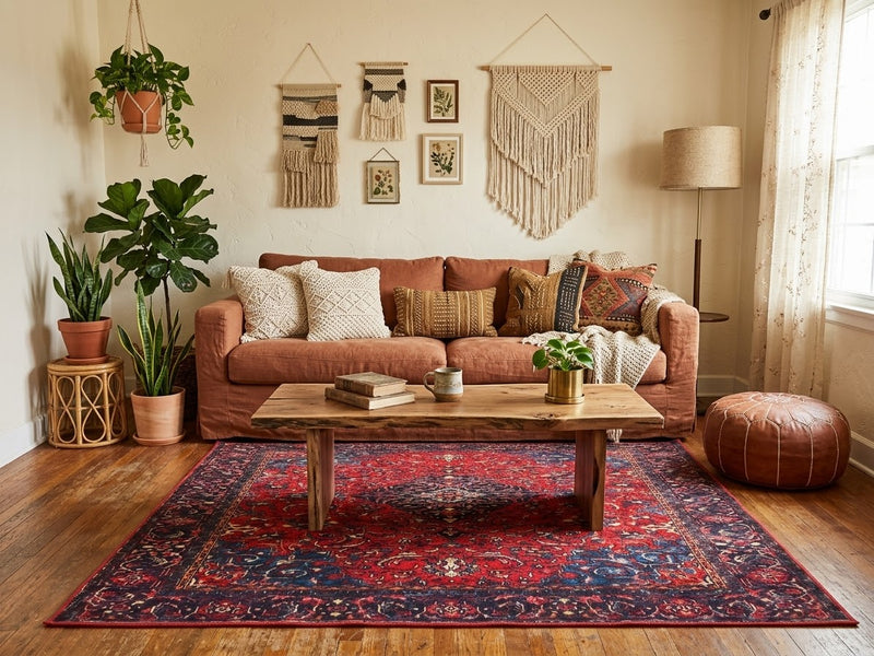 6' x 9' Rectangular Red Navy Floral Medallion Traditional Area Rug styled in a living room with a rust-colored sofa and wooden coffee table.