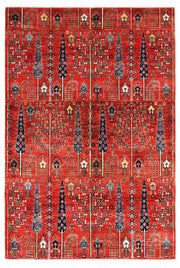 6' x 9' Rectangular Red Navy Tree Motif Traditional Area Rug featuring repeating stylized trees, floral details, and navy blue motifs on a vibrant red background.