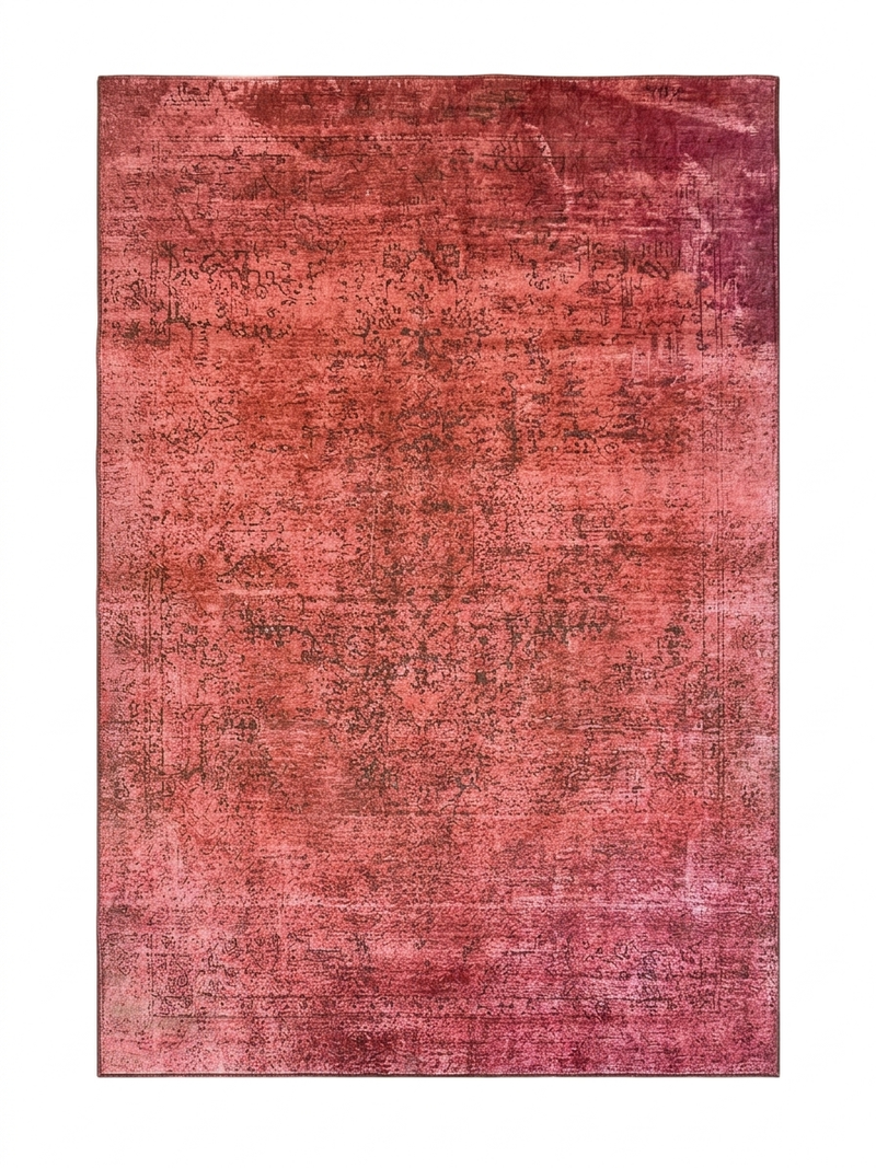 6' x 9' Rectangular Red & Pink Distressed Abstract Modern Area Rug isolated on a white background.