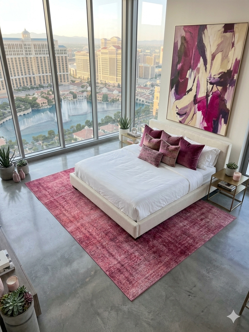 6' x 9' Rectangular Rose Pink Distressed Abstract Modern Area Rug styled in a bedroom with a platform bed and modern decor.