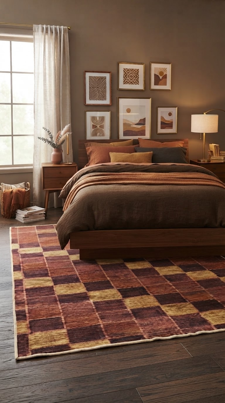 6' x 9' Rectangular Rust Gold Checkered Geometric Modern Washable Area Rug styled in a bedroom with a wooden bed and brown bedding.