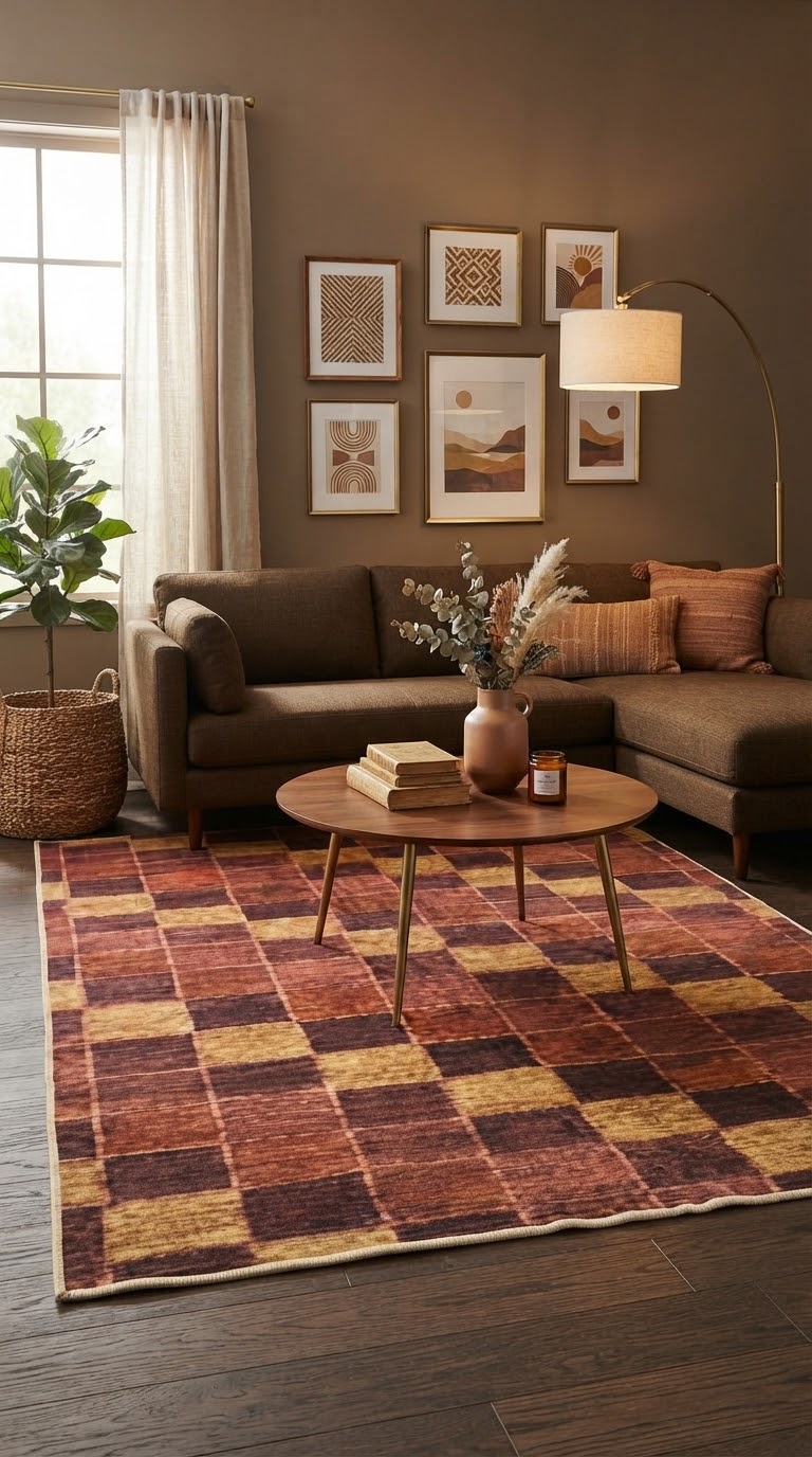 6' x 9' Rectangular Rust Gold Checkered Geometric Modern Washable Area Rug styled in a living room with a brown sectional sofa and round wooden coffee table.