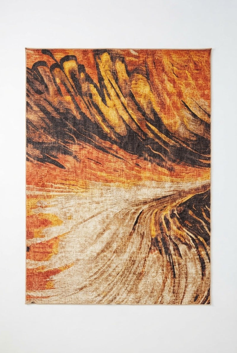 6' x 9' Rectangular Rust Orange Black Abstract Modern Washable Area Rug featuring flowing swirls of gold and beige, displayed in Product View.