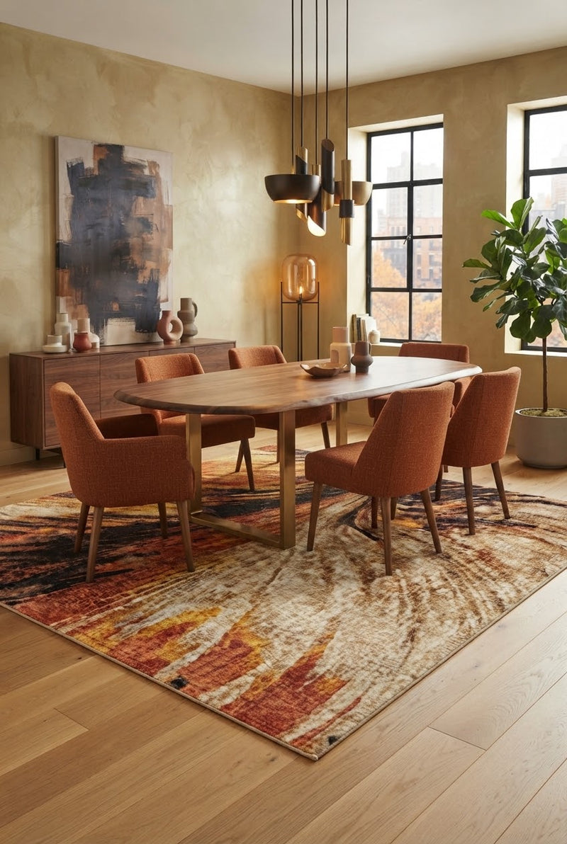 6' x 9' Rectangular Rust Orange Black Abstract Modern Washable Area Rug styled in a dining room with an oval wooden dining table and rust orange upholstered chairs.