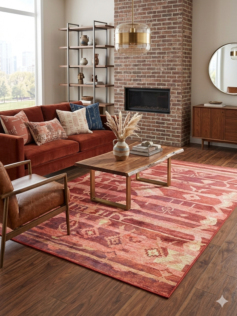 6' x 9' Rectangular Rust Pink Southwestern Tribal Geometric Area Rug featured in a living room with a sofa, coffee table, and brick fireplace backdrop.
