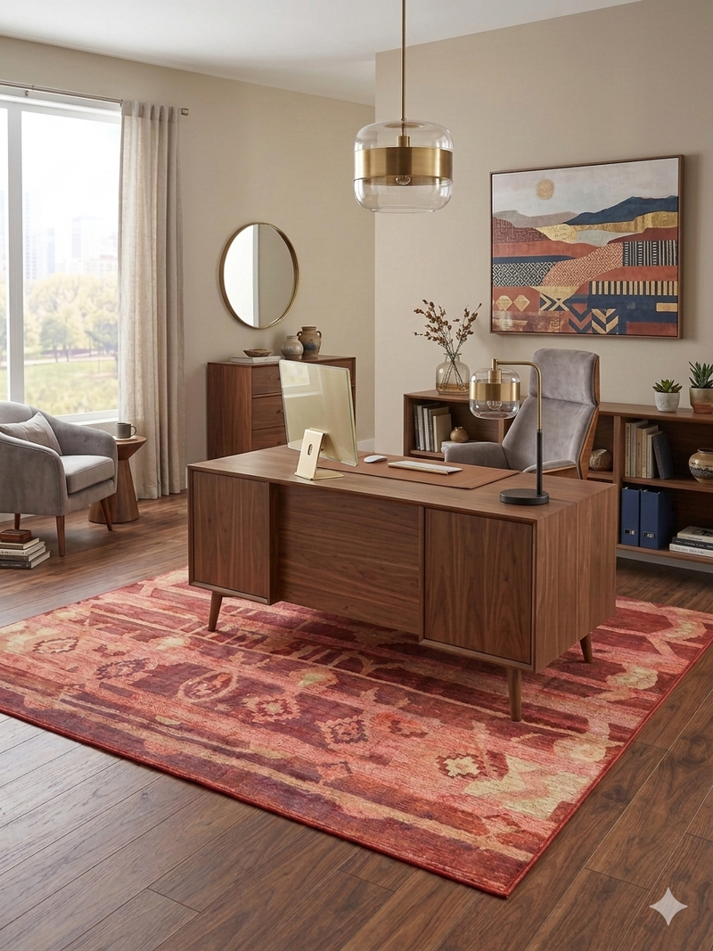 6' x 9' Rectangular Rust Pink Southwestern Tribal Geometric Area Rug styled in a modern home office with a wooden desk and warm décor accents.