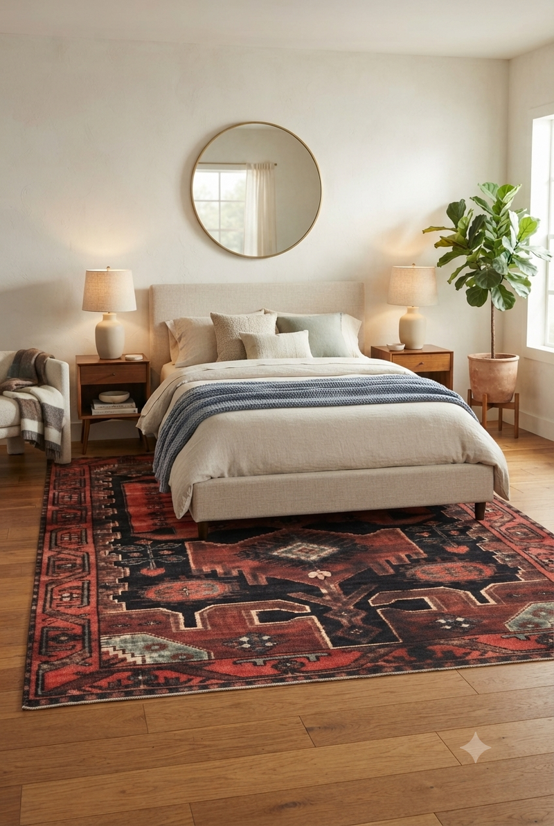 6' x 9' Rectangular Rust Red Black Geometric Medallion Tribal Southwestern Washable Area Rug styled in a bedroom with a beige upholstered bed and white bedding.