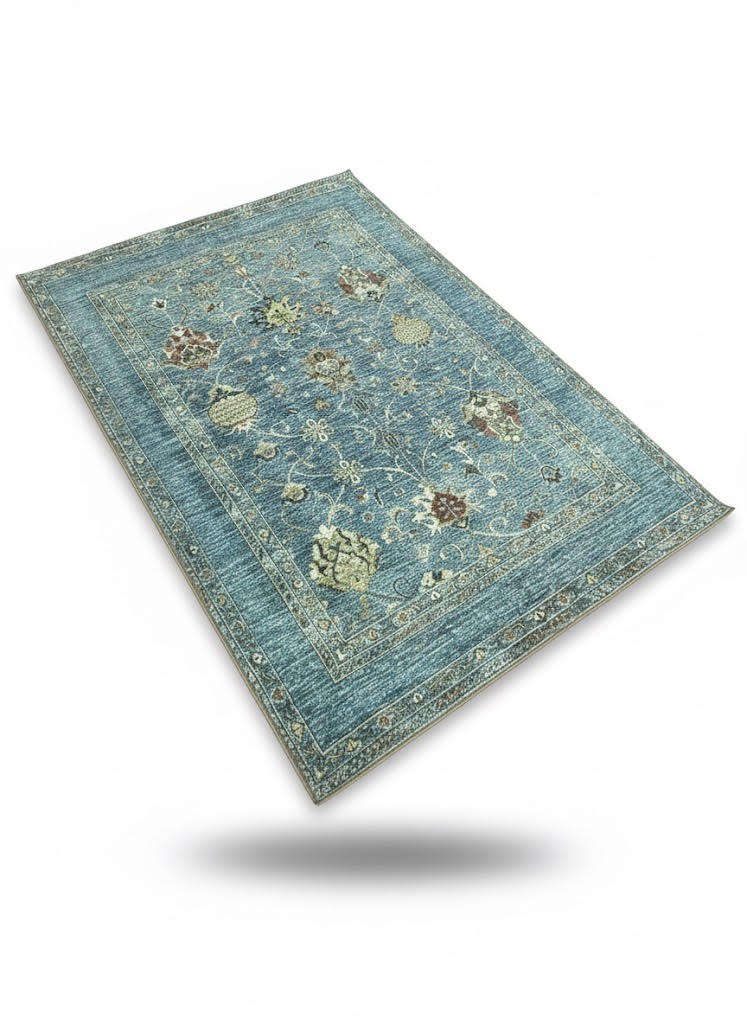 6' x 9' Rectangular Teal Blue & Sage Green Floral Medallion Traditional Area Rug placed on a neutral studio background.