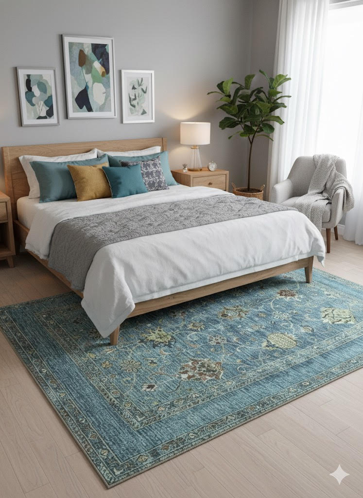 6' x 9' Rectangular Teal Blue & Sage Green Floral Medallion Traditional Area Rug styled under a bed in a bright modern bedroom with light wood furniture and neutral décor.