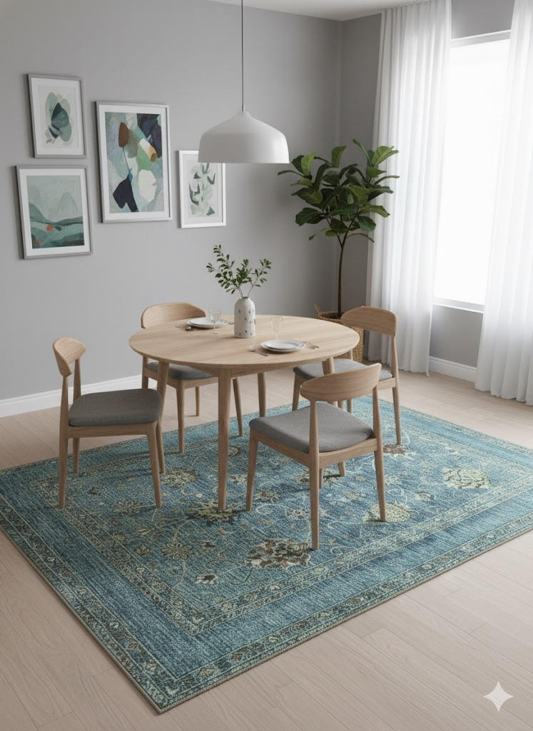 6' x 9' Rectangular Teal Blue & Sage Green Traditional Floral Medallion Washable Non-Slip Backing Area Rug placed under a round wooden dining table in a bright modern dining room.
