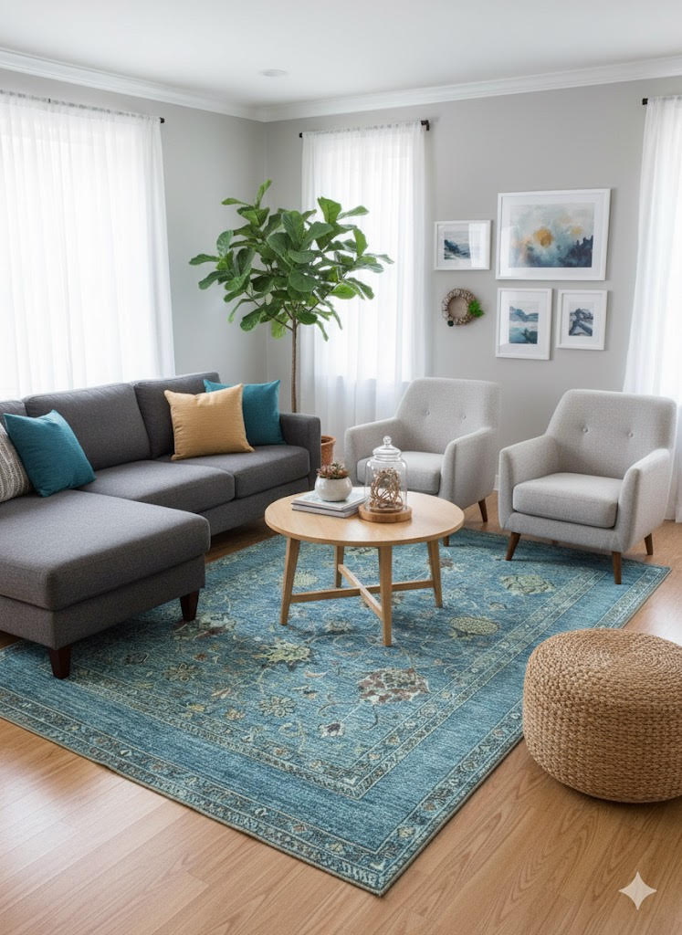 6' x 9' Rectangular Teal Blue & Sage Green Traditional Floral Medallion Washable Non-Slip Backing Area Rug styled in a cozy modern living room beneath a coffee table with a sectional sofa and accent chairs.