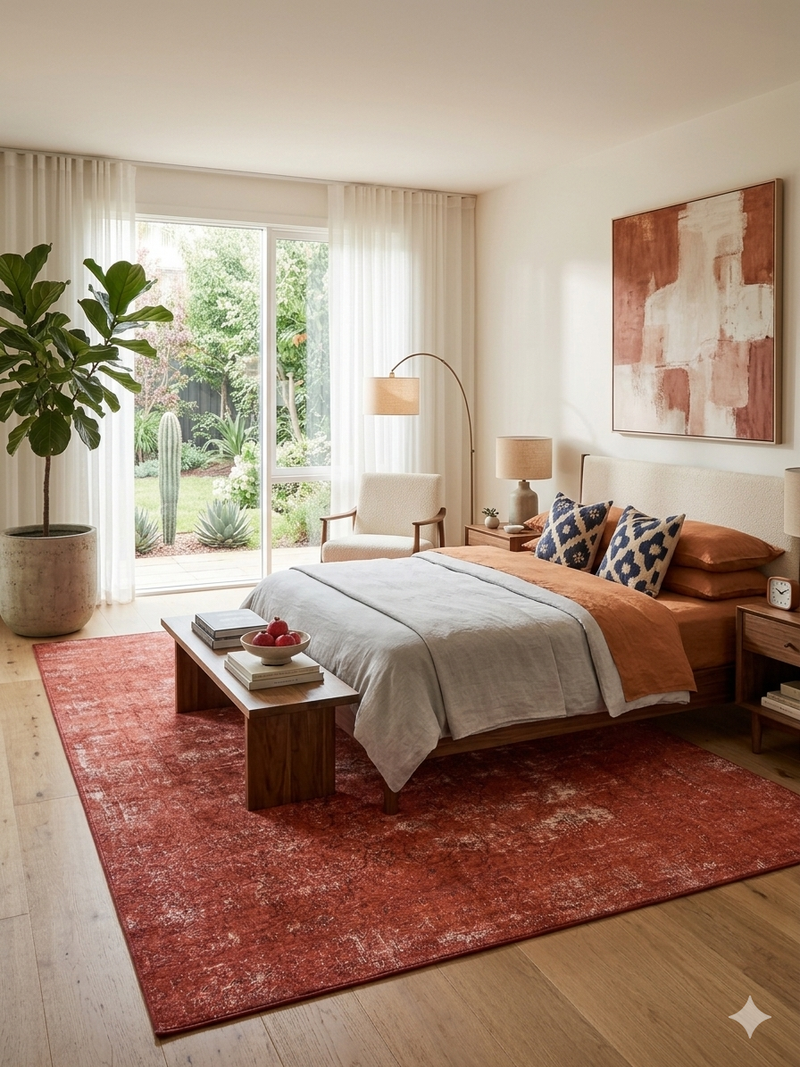 6' x 9' Rectangular Terracotta & Ivory Distressed Medallion Traditional Washable Area Rug styled in a bedroom with a bed and accent furniture.