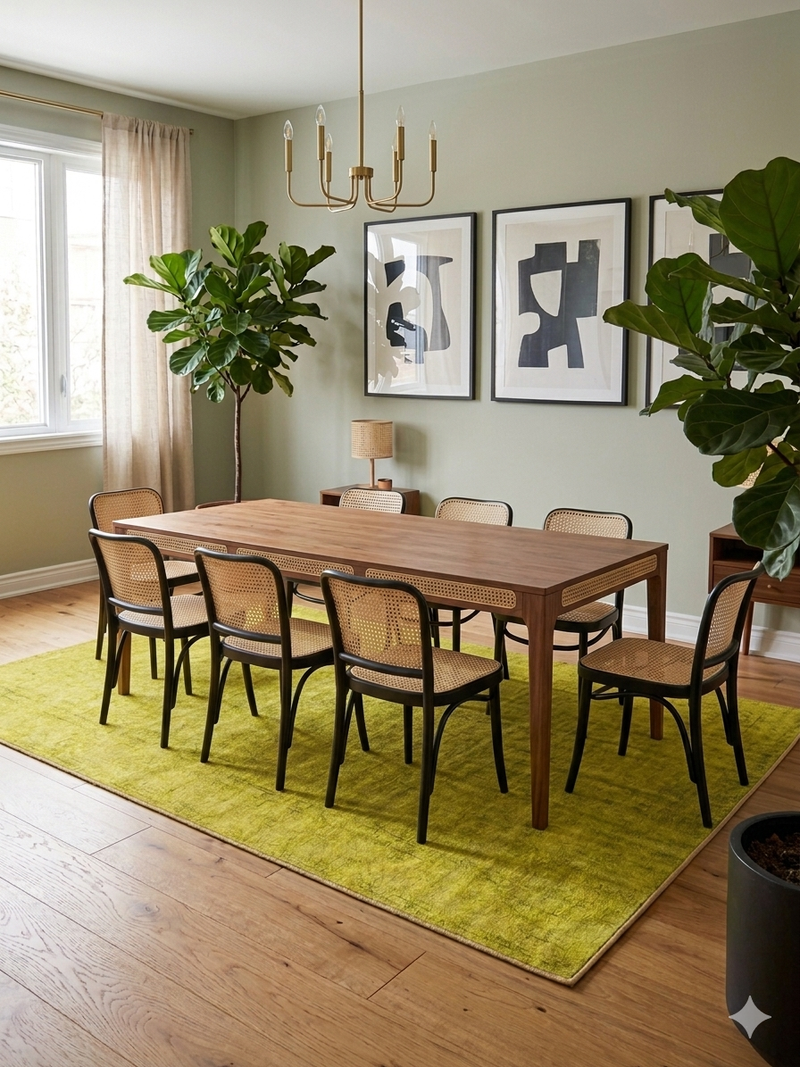 6' x 9' Rectangular Yellow Distressed Minimalist Modern Washable Area Rug styled in a dining room with a wooden table and chairs.