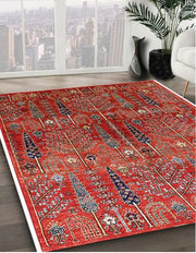 6' x 9' Red Mid-Century Modern Oriental Area Rug angled close-up view showcasing the detailed geometric and traditional motifs across the red field.