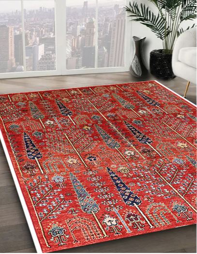6' x 9' Red Mid-Century Modern Oriental Area Rug angled close-up view showcasing the detailed geometric and traditional motifs across the red field.
