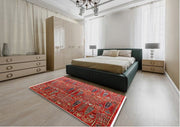 6' x 9' Red Mid-Century Modern Oriental Area Rug staged in a spacious bedroom interior, demonstrating its size and decorative impact within the room.