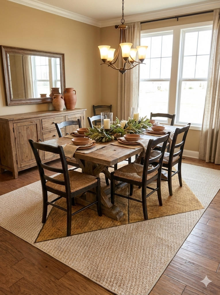 6' x 9' beige and tan farmhouse geometric washable area rug placed under a rustic wood dining table with ladder-back chairs in a warm farmhouse dining space.