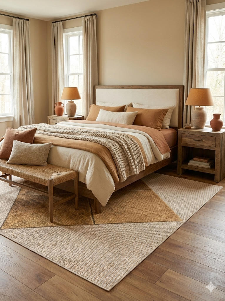 6' x 9' beige and tan farmhouse geometric washable area rug styled beneath a bed in a warm neutral bedroom with natural wood furniture and soft earthy decor.