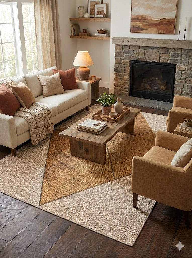 6' x 9' beige and tan farmhouse geometric washable area rug styled in a cozy living room with a neutral sofa, rustic wood coffee table, and stone fireplace.