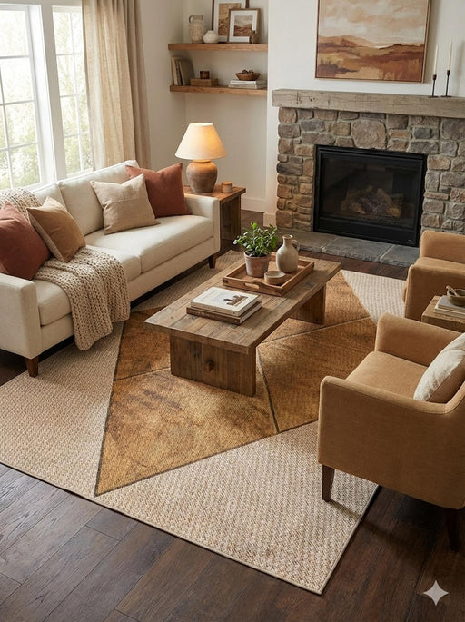 6' x 9' beige and tan farmhouse geometric washable area rug styled in a cozy living room with a neutral sofa, rustic wood coffee table, and stone fireplace.