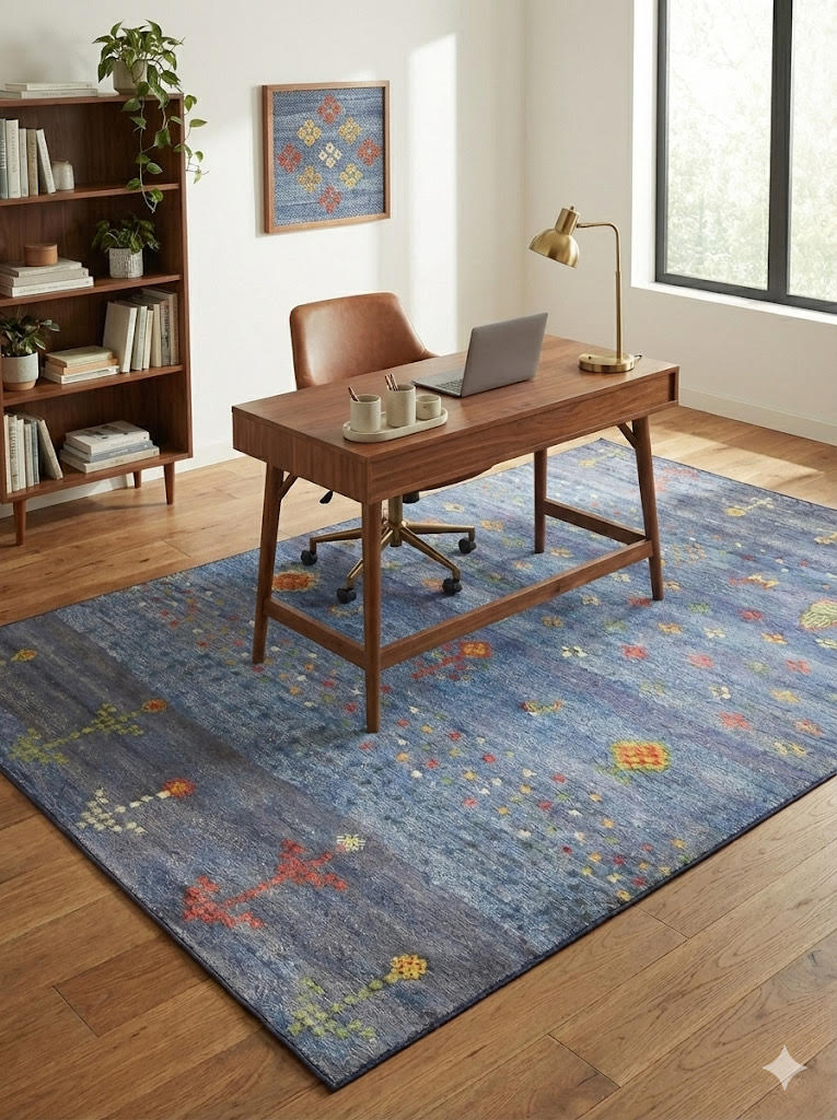 6' x 9' blue multi-color abstract geometric modern area rug styled beneath a wooden desk in a bright home office.