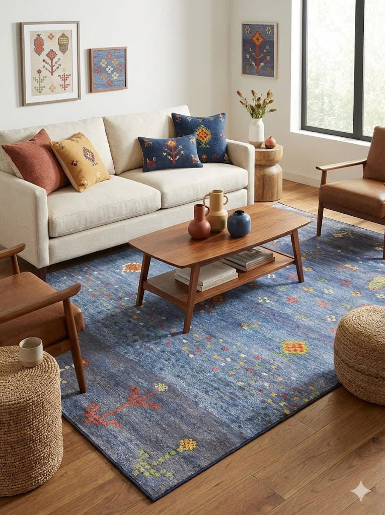 6' x 9' blue multi-color abstract geometric rectangular area rug placed under a coffee table in a contemporary living room with mid-century accents.