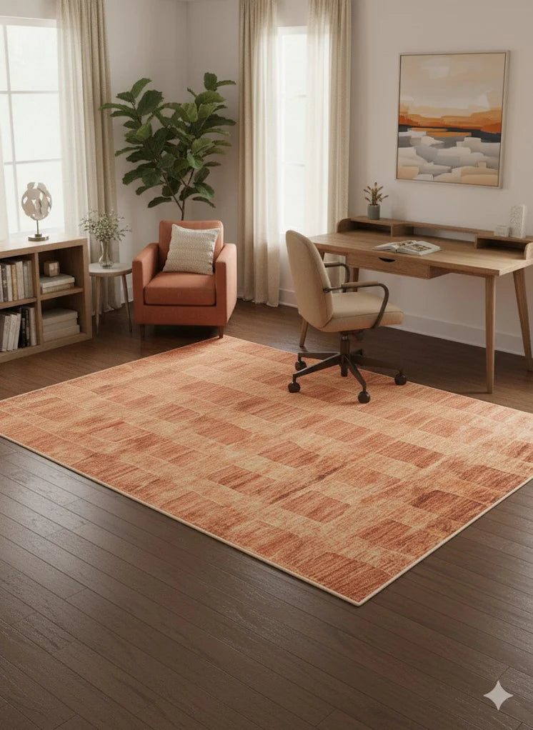 6' x 9' burnt orange and soft brown textured modern rectangular area rug styled beneath a wooden desk in a bright home office.