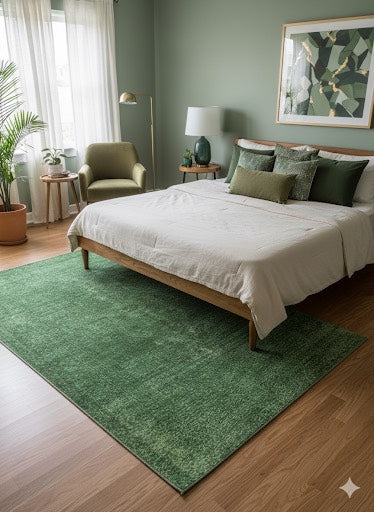 6' x 9' grass green and subtle cream textured area rug positioned under a bed in a contemporary bedroom with green accents.