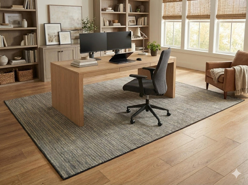 6' x 9' gray and beige solid modern washable area rug styled in a bright home office beneath a wood desk and ergonomic chair with built-in shelving and natural light.
