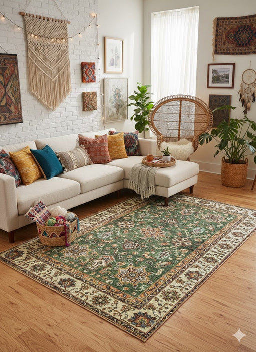 6' x 9' green and ivory multi color vintage medallion area rug styled in a cozy boho-inspired living room with a neutral sectional, colorful accent pillows, woven decor, and natural wood floors.