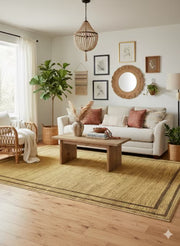 6' x 9' green and light taupe solid textured modern area rug styled under a mustard sofa and mid-century chairs in a bright living room.