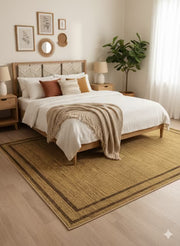 6' x 9' green and light taupe solid textured rectangular area rug placed beneath a bed in a modern bedroom with green accent wall.