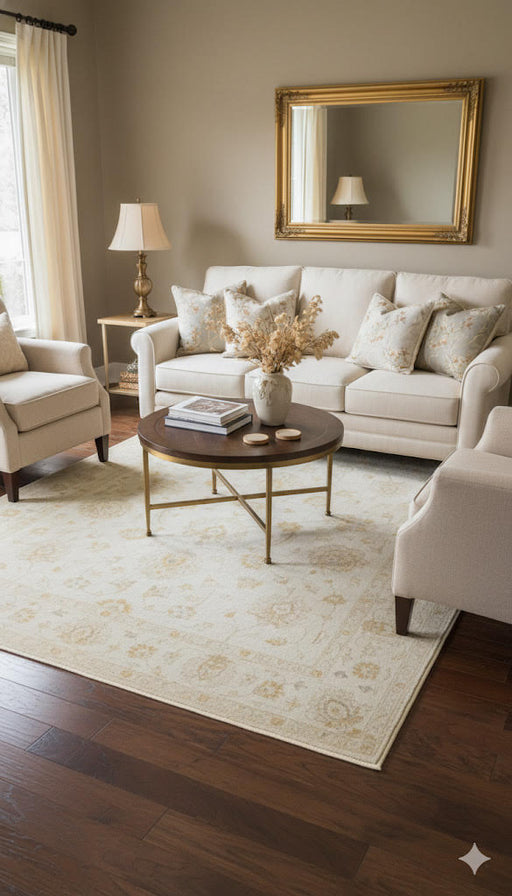 6' x 9' ivory and beige floral traditional rectangular area rug styled in an elegant living room with neutral seating and gold accents.