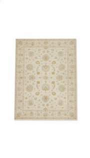 6' x 9' ivory and beige rectangular area rug featuring a traditional floral pattern with decorative border and soft tonal detailing.