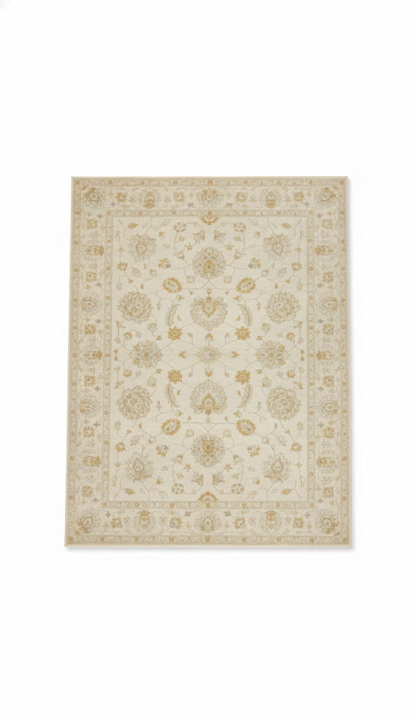 6' x 9' ivory and beige rectangular area rug featuring a traditional floral pattern with decorative border and soft tonal detailing.