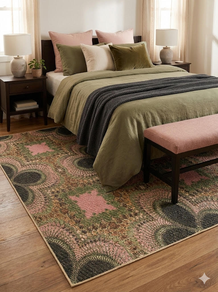 6' x 9' multi-color botanical abstract traditional area rug positioned under a bed in a bedroom with green and blush decor accents.