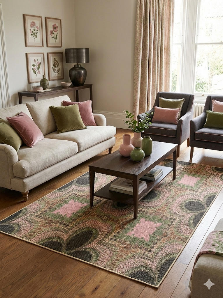 6' x 9' multi-color botanical abstract traditional area rug styled under a coffee table in a cozy living room with blush and olive accents.