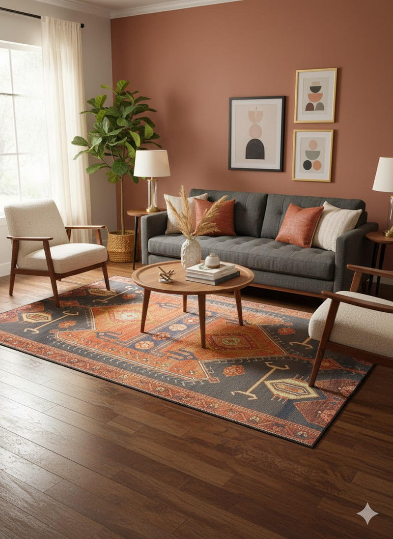6' x 9' multi-color southwestern geometric rectangular area rug styled beneath a round coffee table in a cozy living room with a charcoal sofa and rust-toned accents.