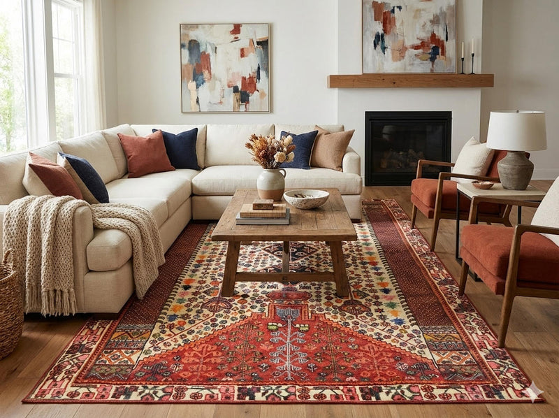 6' x 9' multi-color tribal medallion traditional area rug styled beneath a wooden coffee table in a warm living room with rust and navy accents.