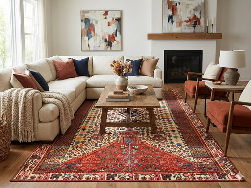 6' x 9' multi-color tribal medallion traditional area rug styled beneath a wooden coffee table in a warm living room with rust and navy accents.