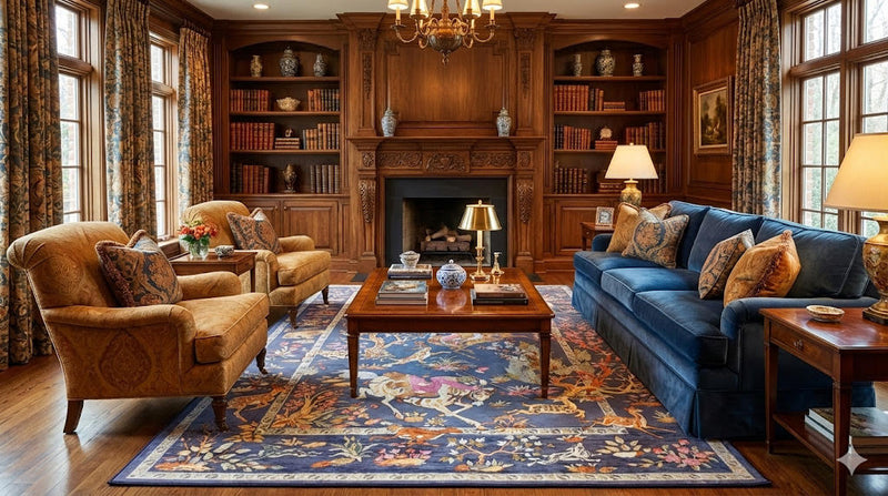 6' x 9' navy blue hunting scene traditional rectangular area rug placed under a coffee table in a classic living room with rich wood cabinetry.