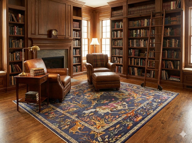6' x 9' navy blue multi-color hunting scene traditional area rug styled in a wood-paneled library beneath leather armchairs and bookshelves.